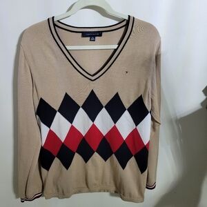 Tommy Hilfiger Tan Argyle V-Neck Sweater